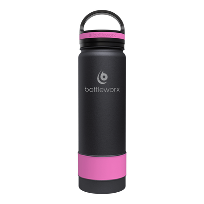 21oz insulated bottle with black body and pink accent band near the base