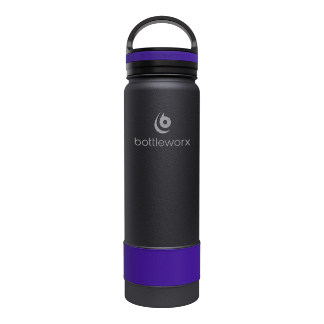 21oz insulated bottle with black body and purple accent band near the base