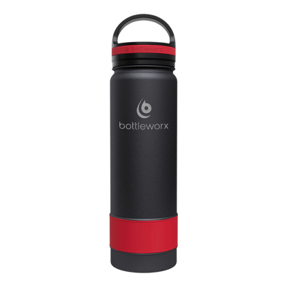 21oz insulated bottle with black body and red accent band near the base