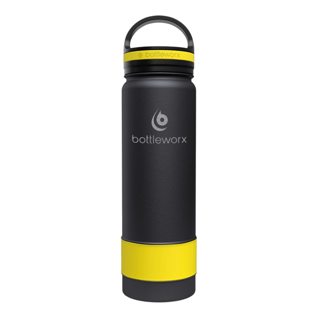 21oz insulated bottle with black body and yellow accent band near the base