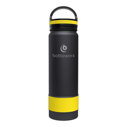 21oz insulated bottle with black body and yellow accent band near the base