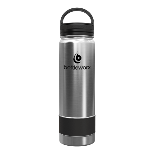 21oz insulated bottle with brushed steel finish and black lid and base band
