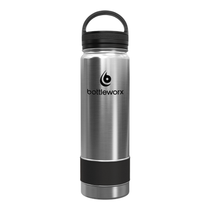 21oz insulated bottle with brushed steel finish and black lid and base band