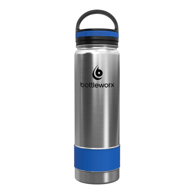 21oz insulated bottle, steel body with blue base and bottleworx logo