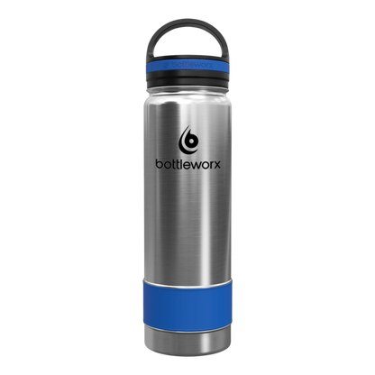21oz insulated bottle, steel body with blue base and bottleworx logo