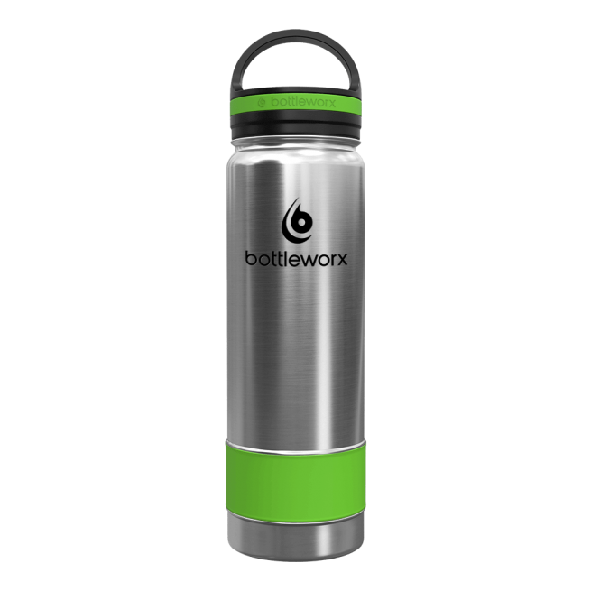 Insulated 21oz bottle with stainless body, green band, and green-accent lid