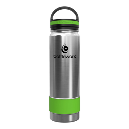 Insulated 21oz bottle with stainless body, green band, and green-accent lid