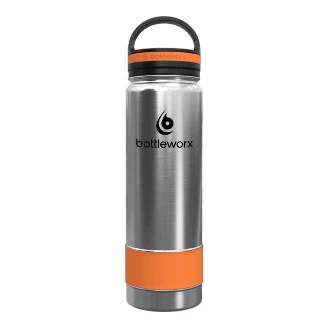 21oz insulated bottle, steel body with orange base and bottleworx logo