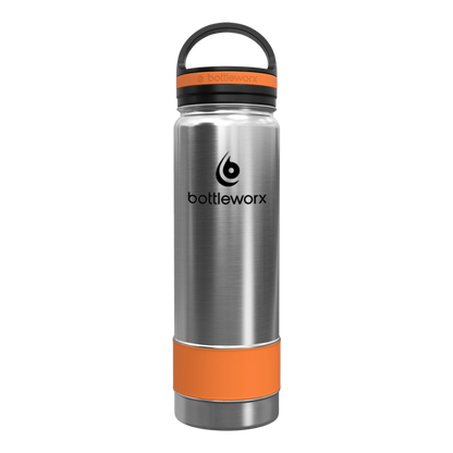 21oz insulated bottle, steel body with orange base and bottleworx logo