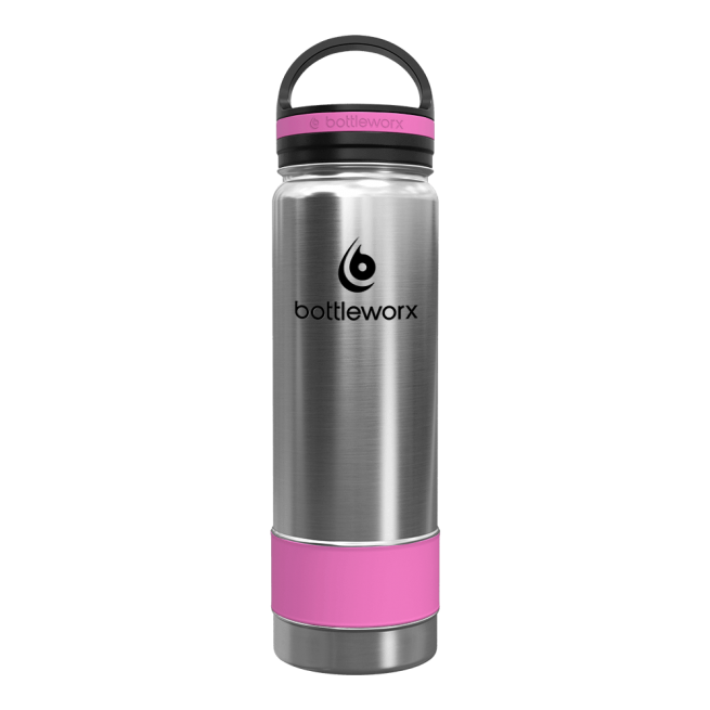 21oz insulated bottle, steel body with pink base and bottleworx logo