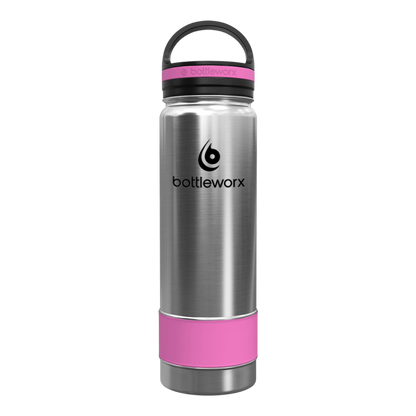 21oz insulated bottle, steel body with pink base and bottleworx logo