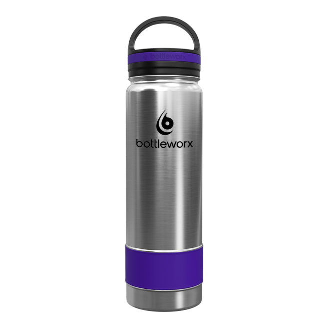 21oz insulated bottle with brushed steel body and purple accent band near the base