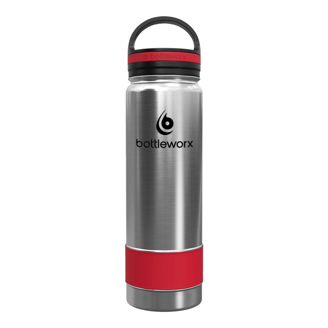 21oz insulated bottle, steel body with red base and bottleworx logo