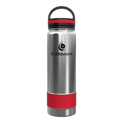 21oz insulated bottle, steel body with red base and bottleworx logo