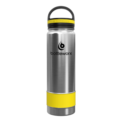 21oz insulated bottle, steel body with yellow base and bottleworx logo