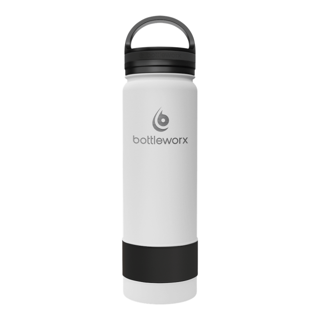 Insulated 21oz bottle with white body, black band, and black lid
