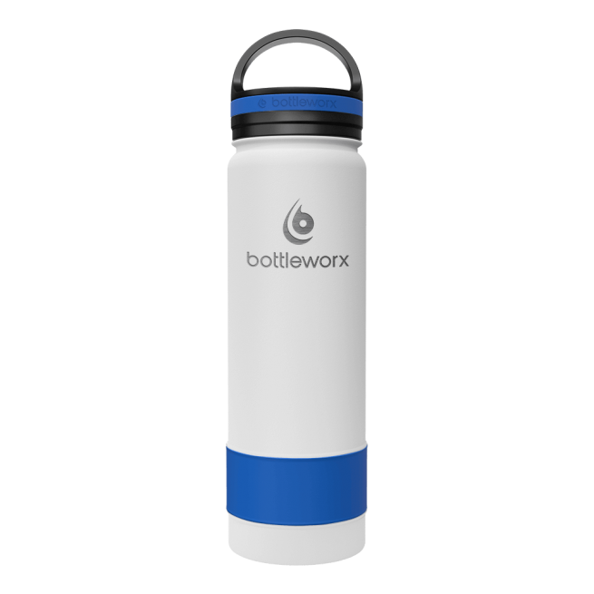 Insulated 21oz bottle with white body, blue band, and dark navy lid