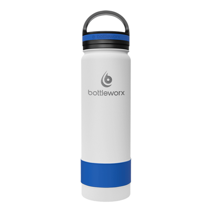 Insulated 21oz bottle with white body, blue band, and dark navy lid