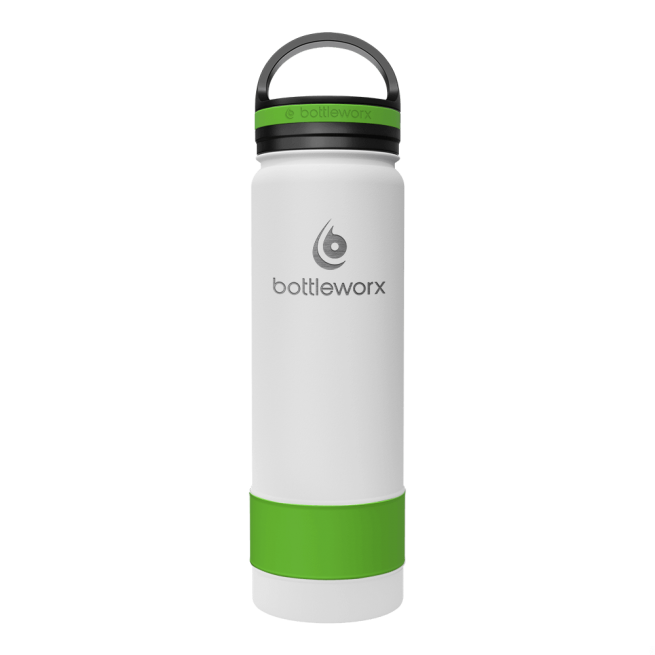 21oz insulated bottle, white body with green base and bottleworx logo