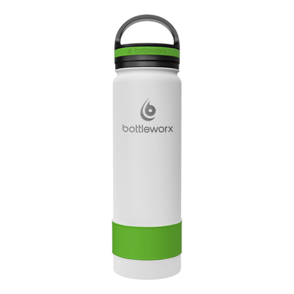 21oz insulated bottle, white body with green base and bottleworx logo