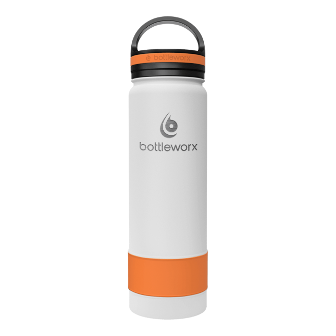 21oz insulated bottle, white body with orange base and bottleworx logo