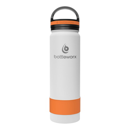 21oz insulated bottle, white body with orange base and bottleworx logo