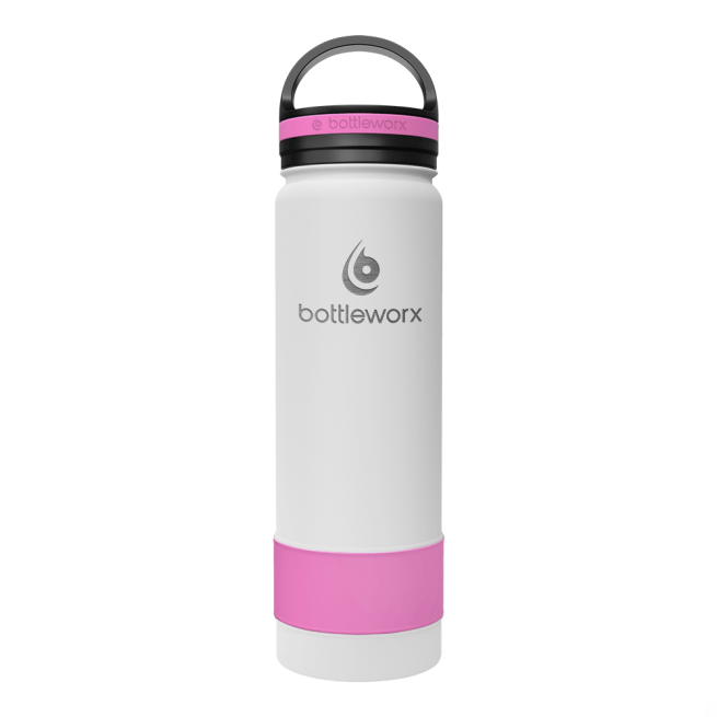 Insulated 21oz bottle with white body, pink band, and purple-toned lid