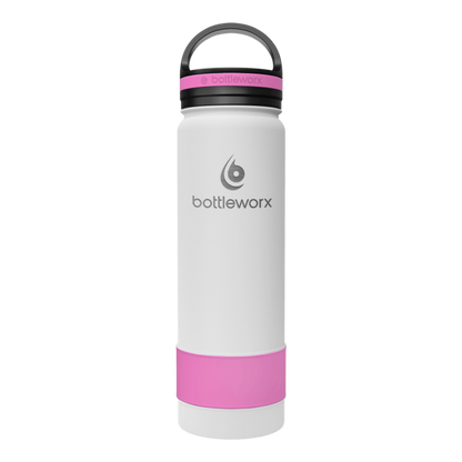 Insulated 21oz bottle with white body, pink band, and purple-toned lid