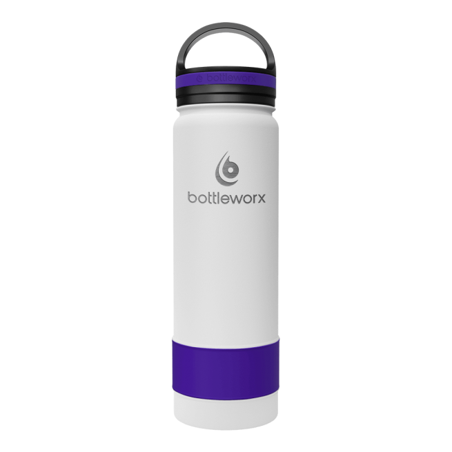 Insulated 21oz bottle with white body, purple band, and dark lid