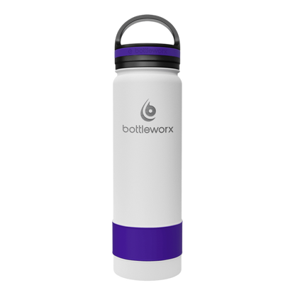 Insulated 21oz bottle with white body, purple band, and dark lid