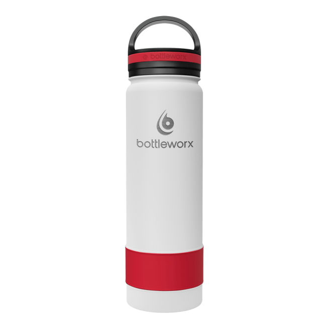 21oz insulated bottle, white body with red base and bottleworx logo