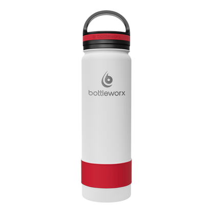 21oz insulated bottle, white body with red base and bottleworx logo