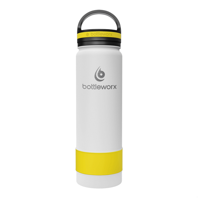 21oz insulated bottle, white body with yellow base and bottleworx logo