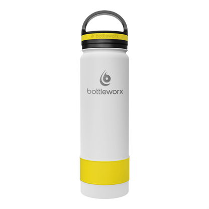 21oz insulated bottle, white body with yellow base and bottleworx logo