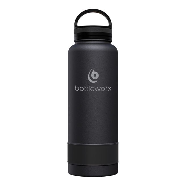 40oz insulated bottle, dark body with black band and black lid