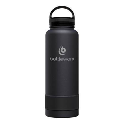 40oz insulated bottle, dark body with black band and black lid