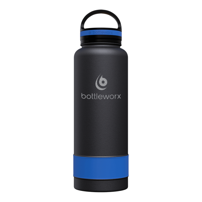40oz insulated water bottle, matte black body with blue band and black lid; blue cap accent
