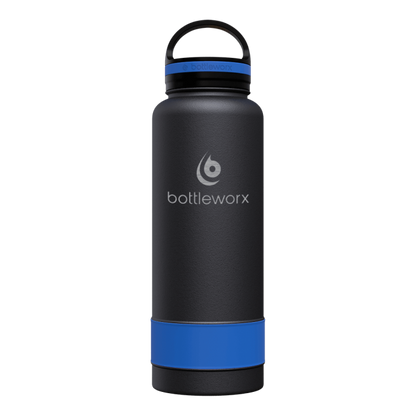 40oz insulated water bottle, matte black body with blue band and black lid; blue cap accent