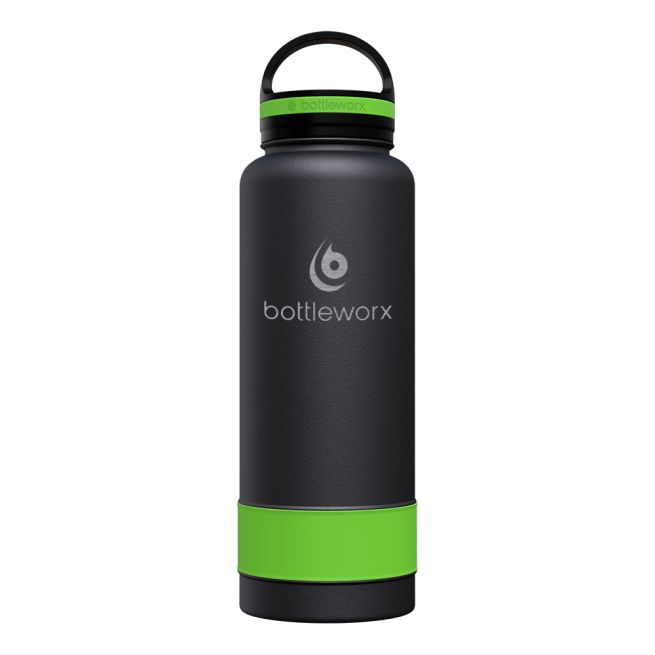 40oz insulated water bottle, matte black body with green band and black lid; bottlwerx logo