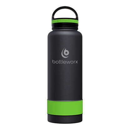 40oz insulated water bottle, matte black body with green band and black lid; bottlwerx logo