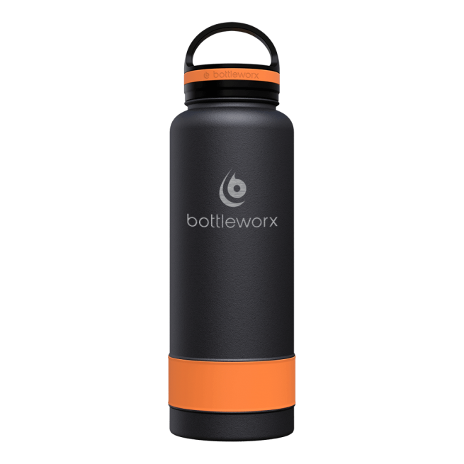 40oz insulated water bottle, matte black body with orange band and black lid; bottlwerx logo