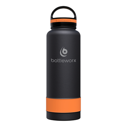 40oz insulated water bottle, matte black body with orange band and black lid; bottlwerx logo