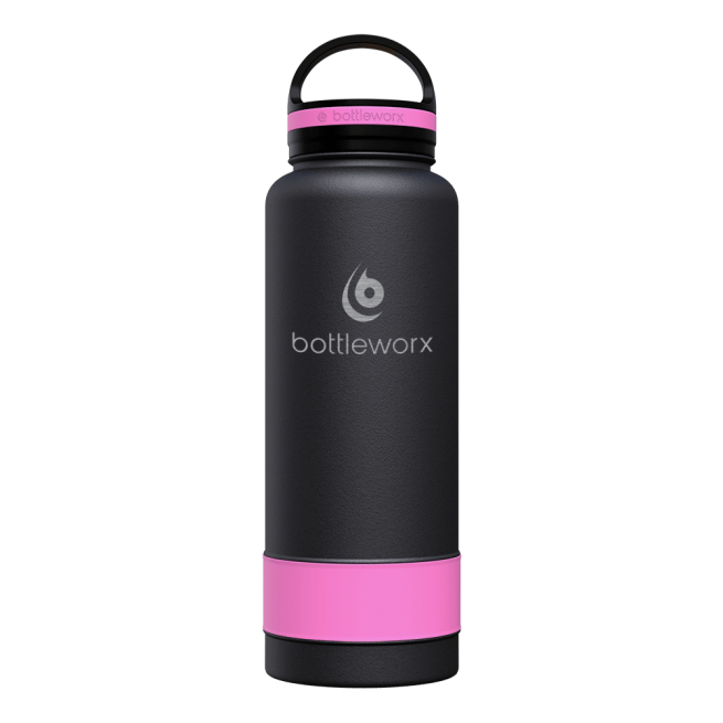 40oz insulated water bottle, matte black body with pink band and black lid; pink cap accent