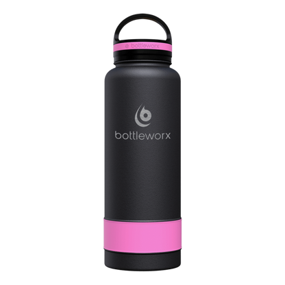 40oz insulated water bottle, matte black body with pink band and black lid; pink cap accent