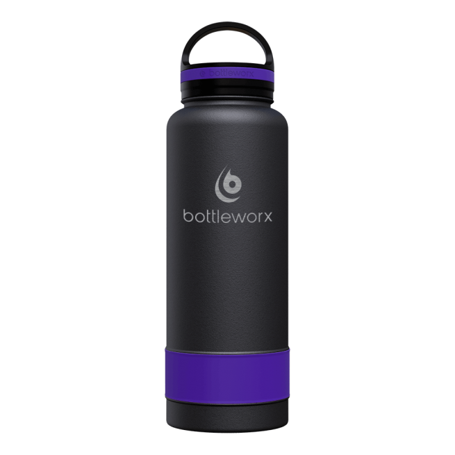 Black insulated bottle with purple band and black lid, bottleworx logo