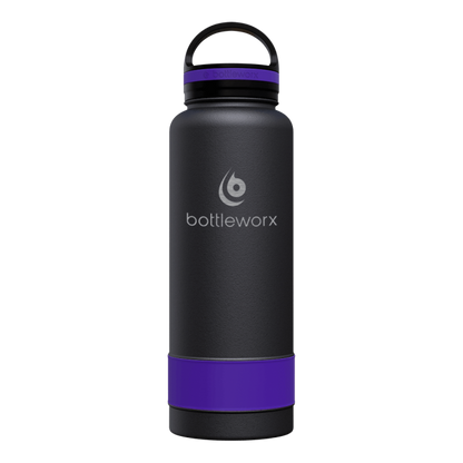 Black insulated bottle with purple band and black lid, bottleworx logo