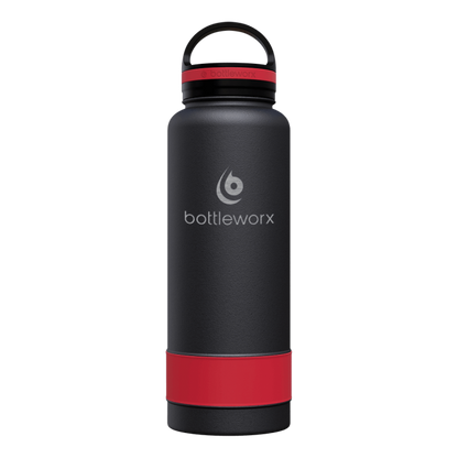 40oz insulated water bottle, matte black body with red band and black lid; red cap accent