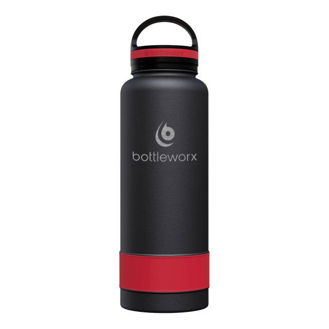 40oz insulated water bottle, matte black body with red band and black lid; bottlwerx logo