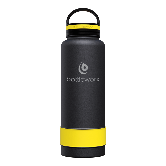 40oz insulated water bottle, matte black body with yellow band and black lid; bottlwerx logo