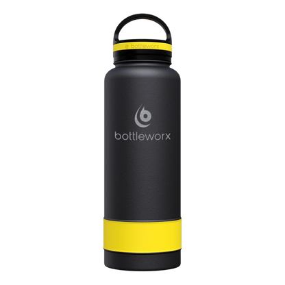 40oz insulated water bottle, matte black body with yellow band and black lid; bottlwerx logo